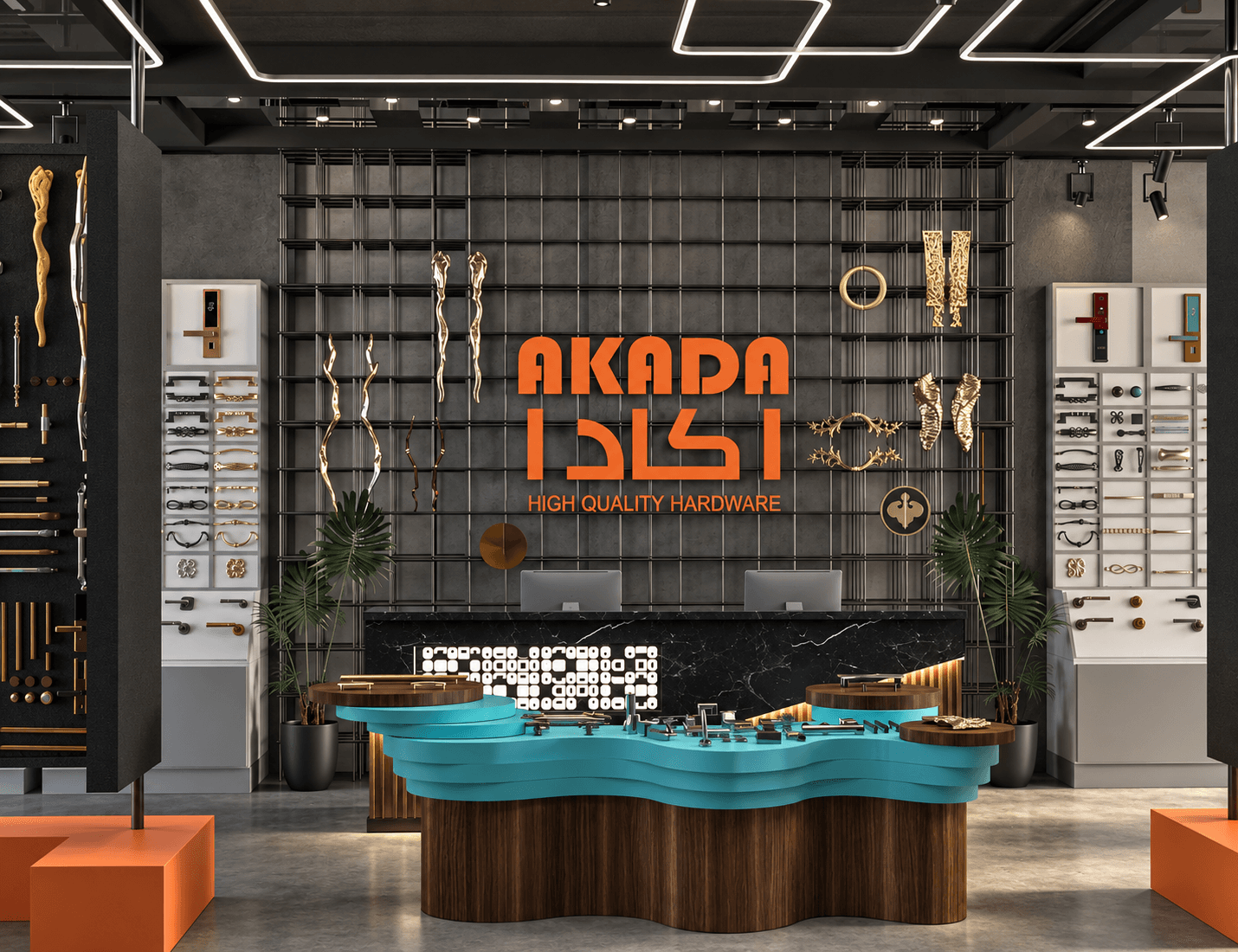 AKADA hardware showroom with an orange logo wall, handle displays and a wavy turquoise counter.