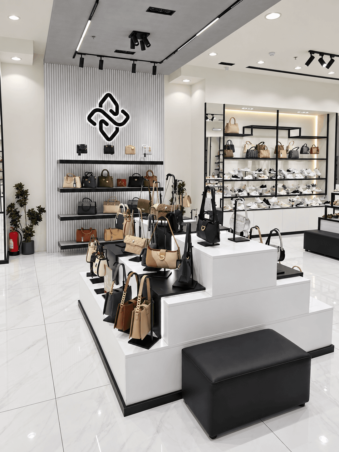 Nice store interior with a backlit logo wall, handbag shelves, a sneaker wall and a white tiered display.